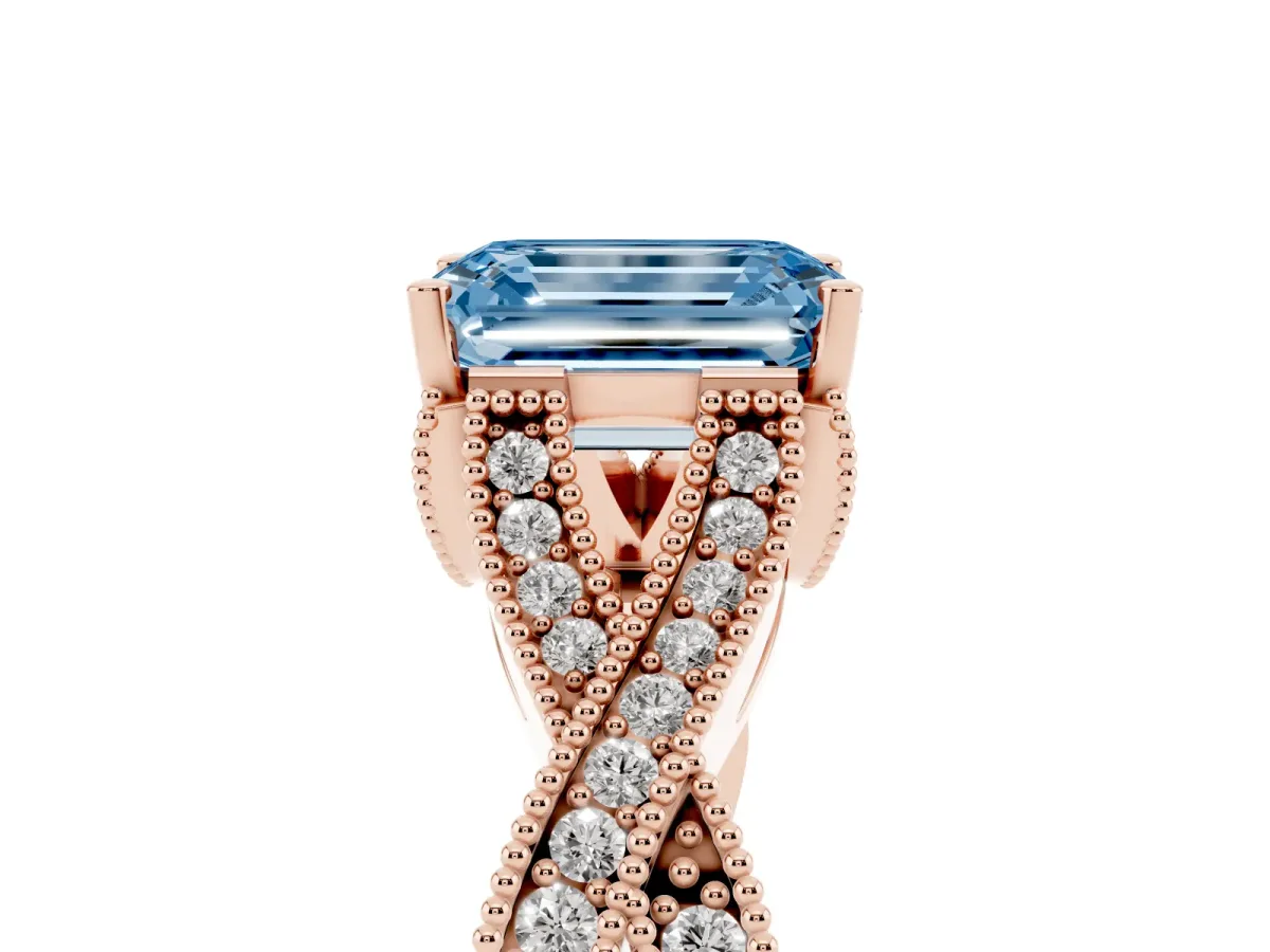 Fancy Blue Emerald Cut Cut Diamond Twisted Band with Milgrain Pave Setting and Four-Prong Setting Rose gold