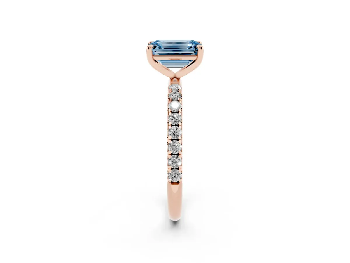 Fancy Blue Emerald Cut Cut Diamond Solitaire Ring with Micro Pave Band and Four Prong Setting Rose gold