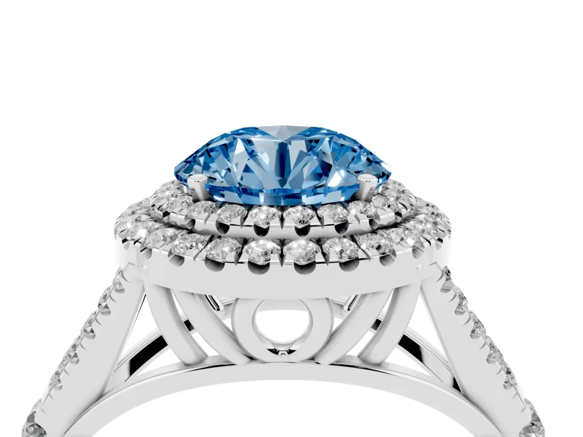 Fancy Blue Round Cut Cut Double Halo Split Shank Diamond Ring with Prong Setting Silver