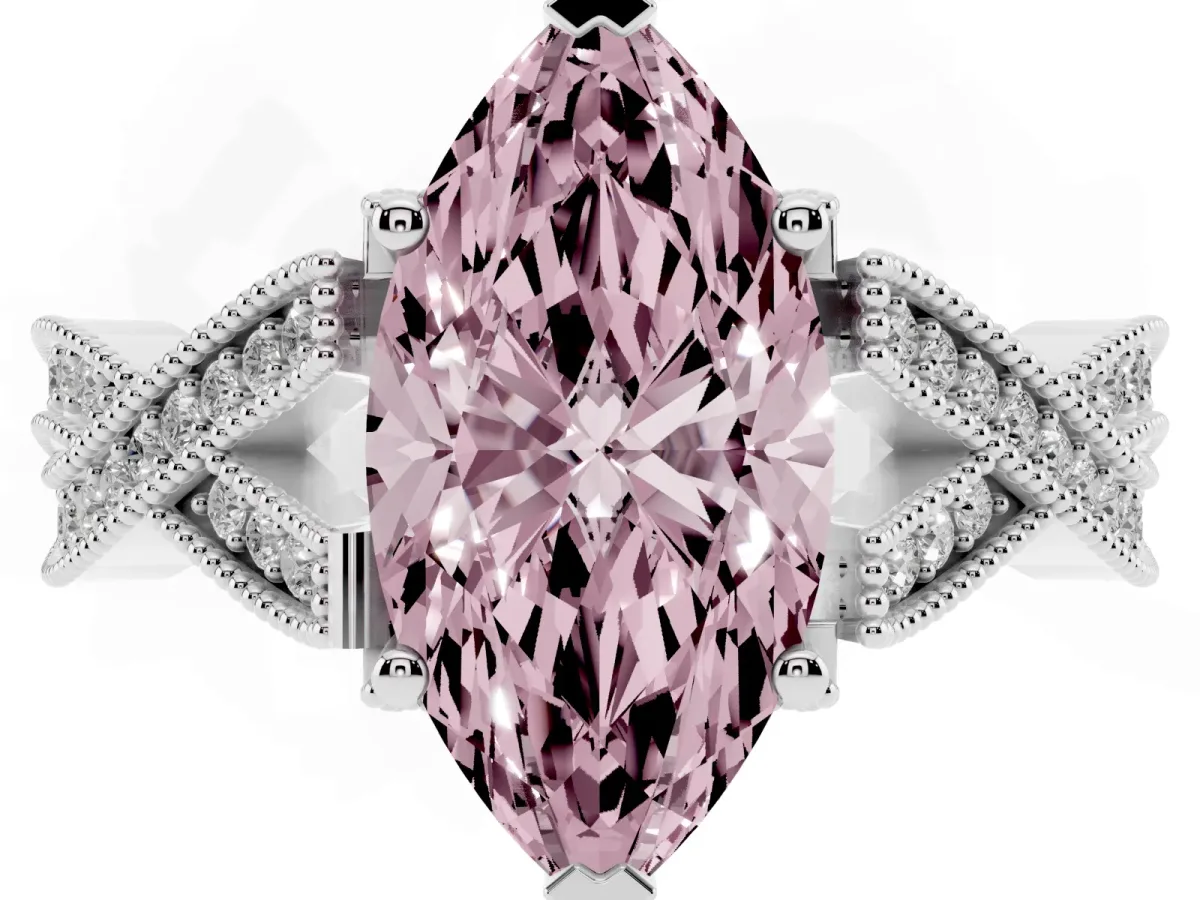 Fancy Pink Marquise Cut Cut Diamond Twisted Band with Milgrain Pave Setting and Four-Prong Setting Silver