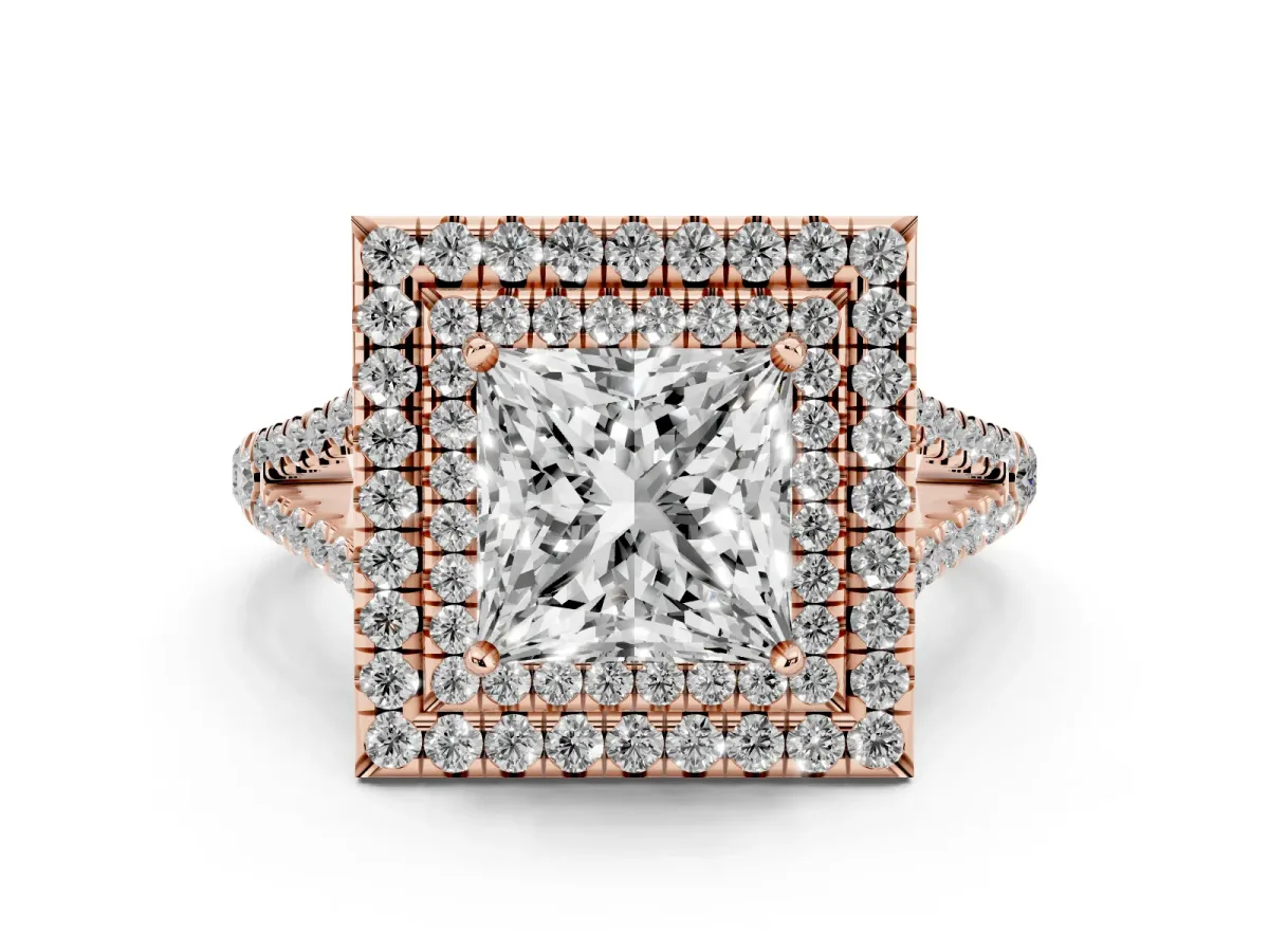 Princess Cut Diamond Double Halo Ring with Pavé Band and Prong Setting Rose gold