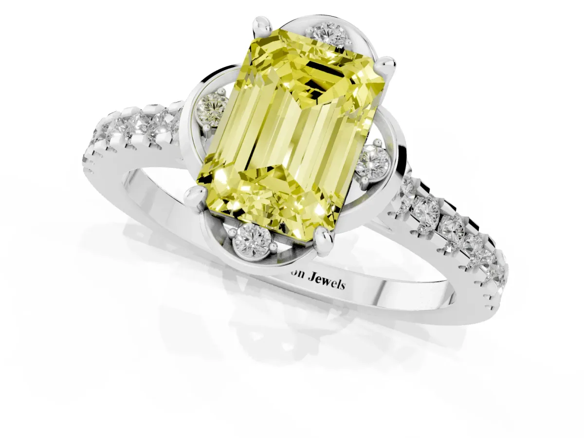 Fancy Yellow Emerald Cut Diamond Ring with Pavé Band and Floral Prong Setting Silver