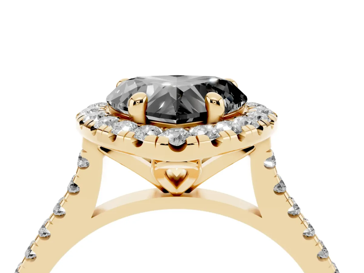 Fancy Black Heart Cut Diamond Cushion Halo Ring with Pavé Band Yellow gold