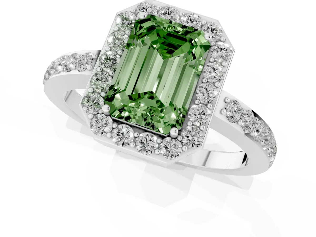Fancy Green Emerald Cut Halo Diamond Pavé Band Ring with Prong Setting Silver