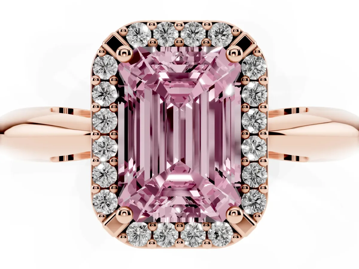 Fancy Pink Emerald Cut Cut Diamond Halo Engagement Ring with Split Shank and Four-Prong Setting Rose gold