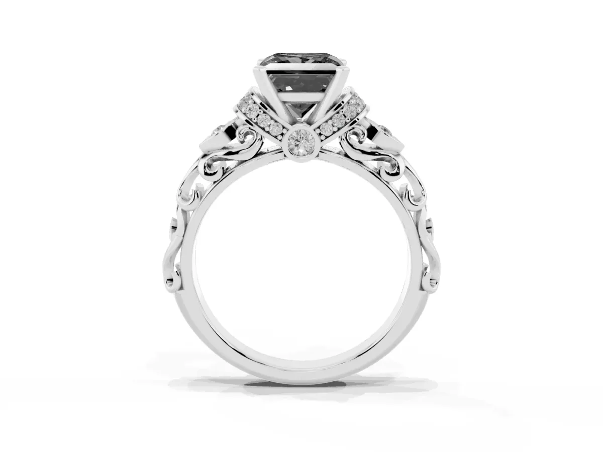 Fancy Black Princess Cut Diamond Solitaire Ring with Filigree Band and Four-Prong Setting Silver