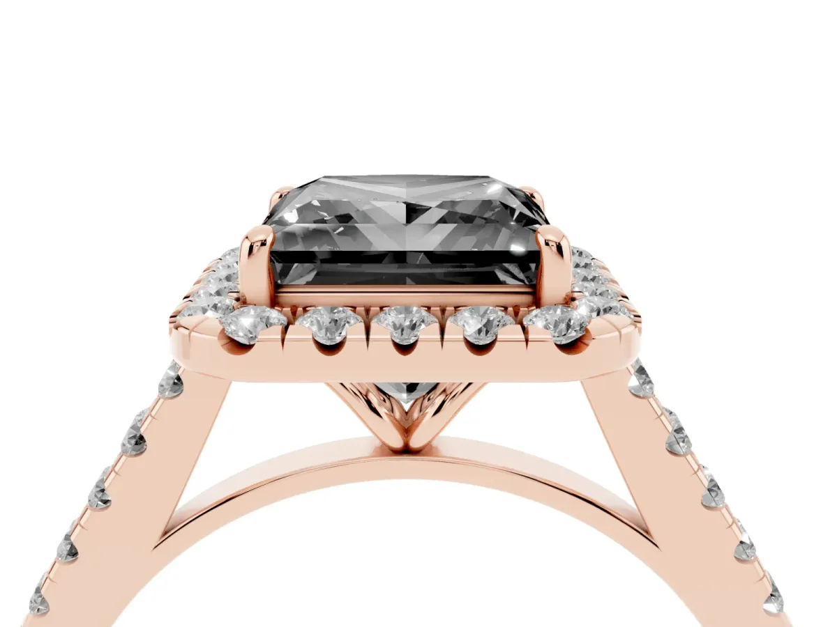 Fancy Black Princess Cut Halo Pave Diamond Engagement Ring with Four-Prong Setting Rose gold