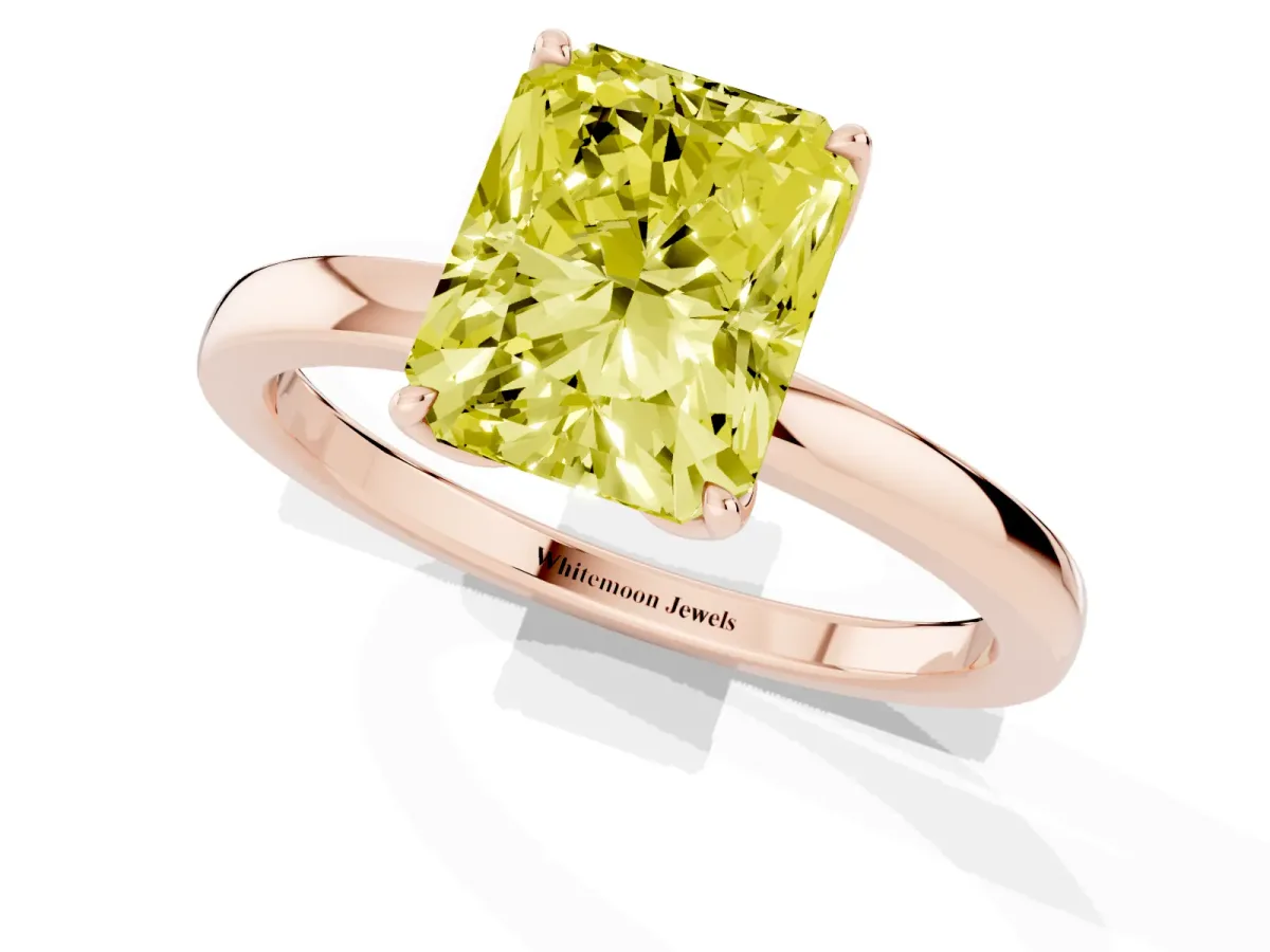 Fancy Yellow Radiant Cut Diamond Solitaire Ring with Thin Band and Prong Setting Rose gold