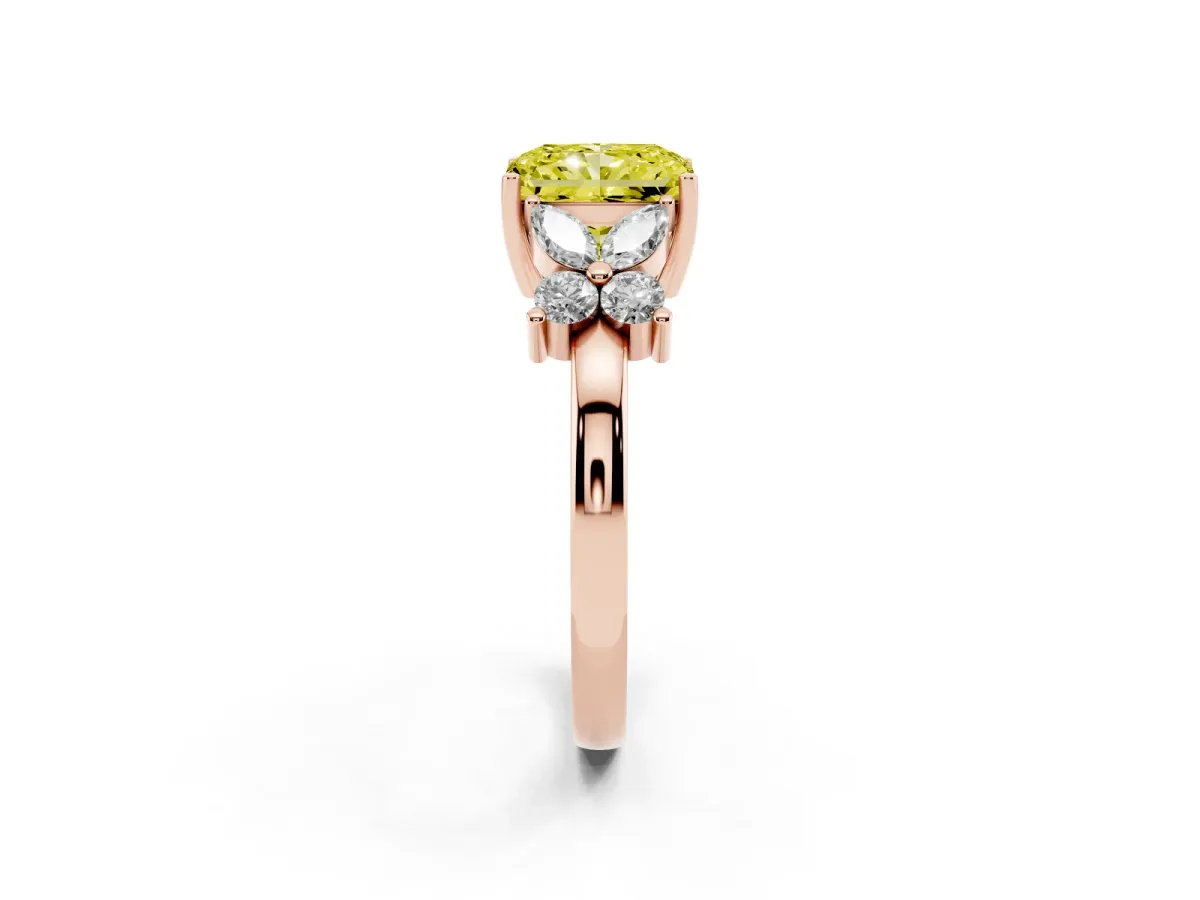 Fancy Yellow Radiant Cut Diamond Floral Cluster Ring with Solitaire Band and Prong Setting Rose gold