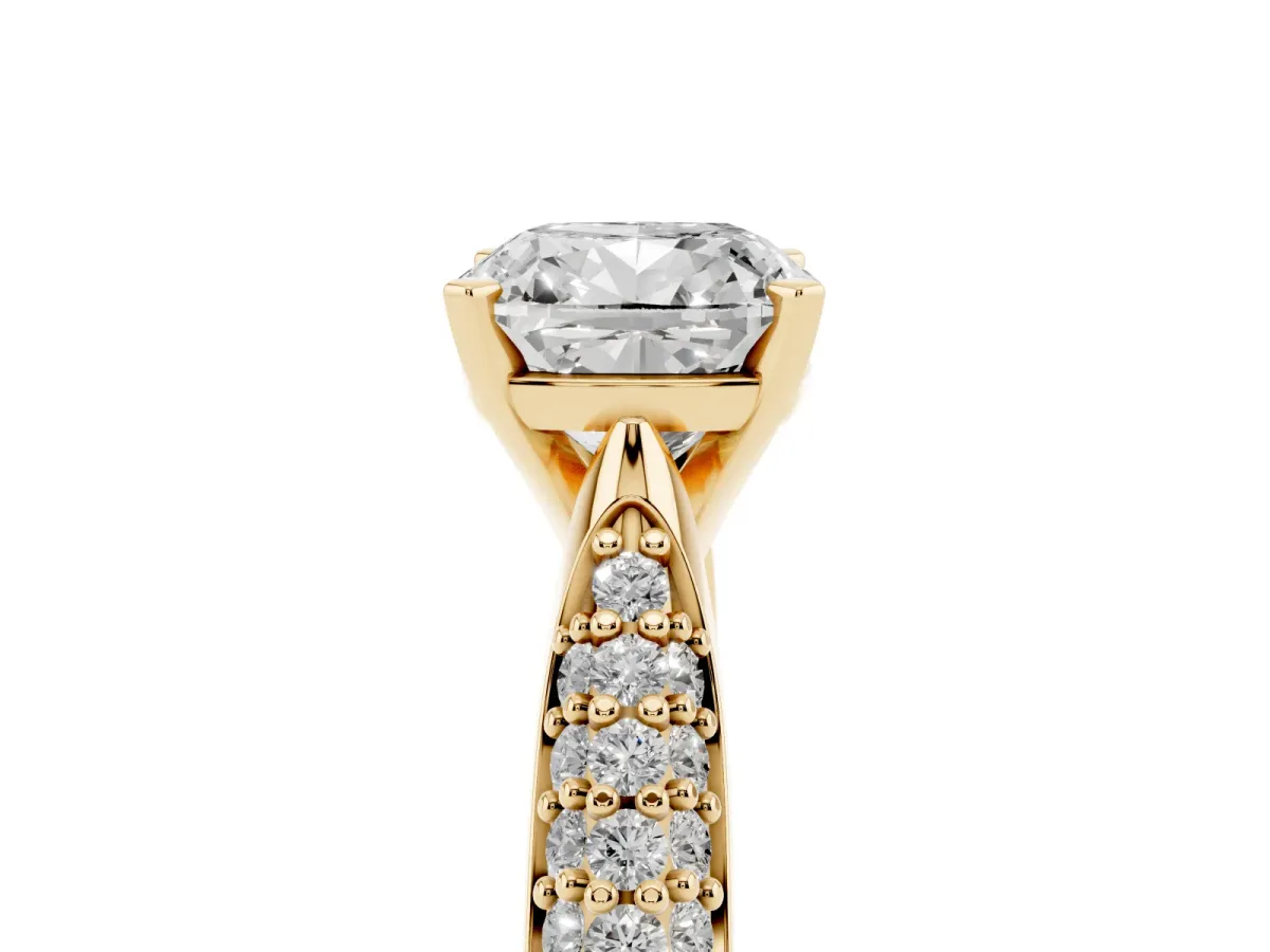 Cushion Cut Diamond Solitaire Engagement Ring with Multi-Row Round Pavé Band and Prong Setting Yellow gold