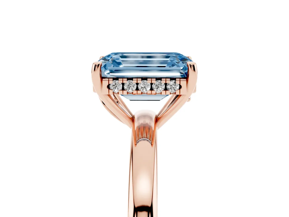 Fancy Blue Emerald Cut Solitaire Diamond Ring with Prong Setting and Plain Band Rose gold