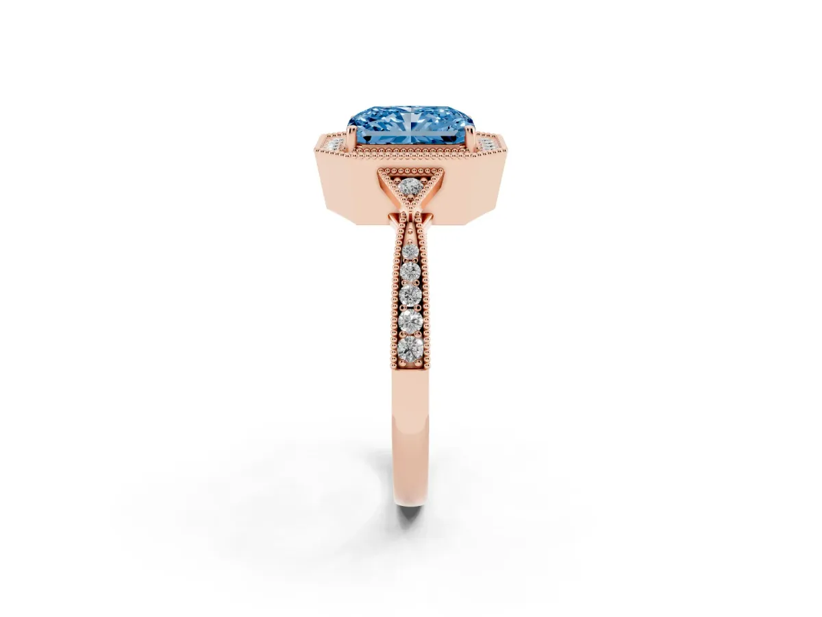 Fancy Blue Radiant Cut Halo Round Diamond Milgrain Pave Engagement Ring Rose gold