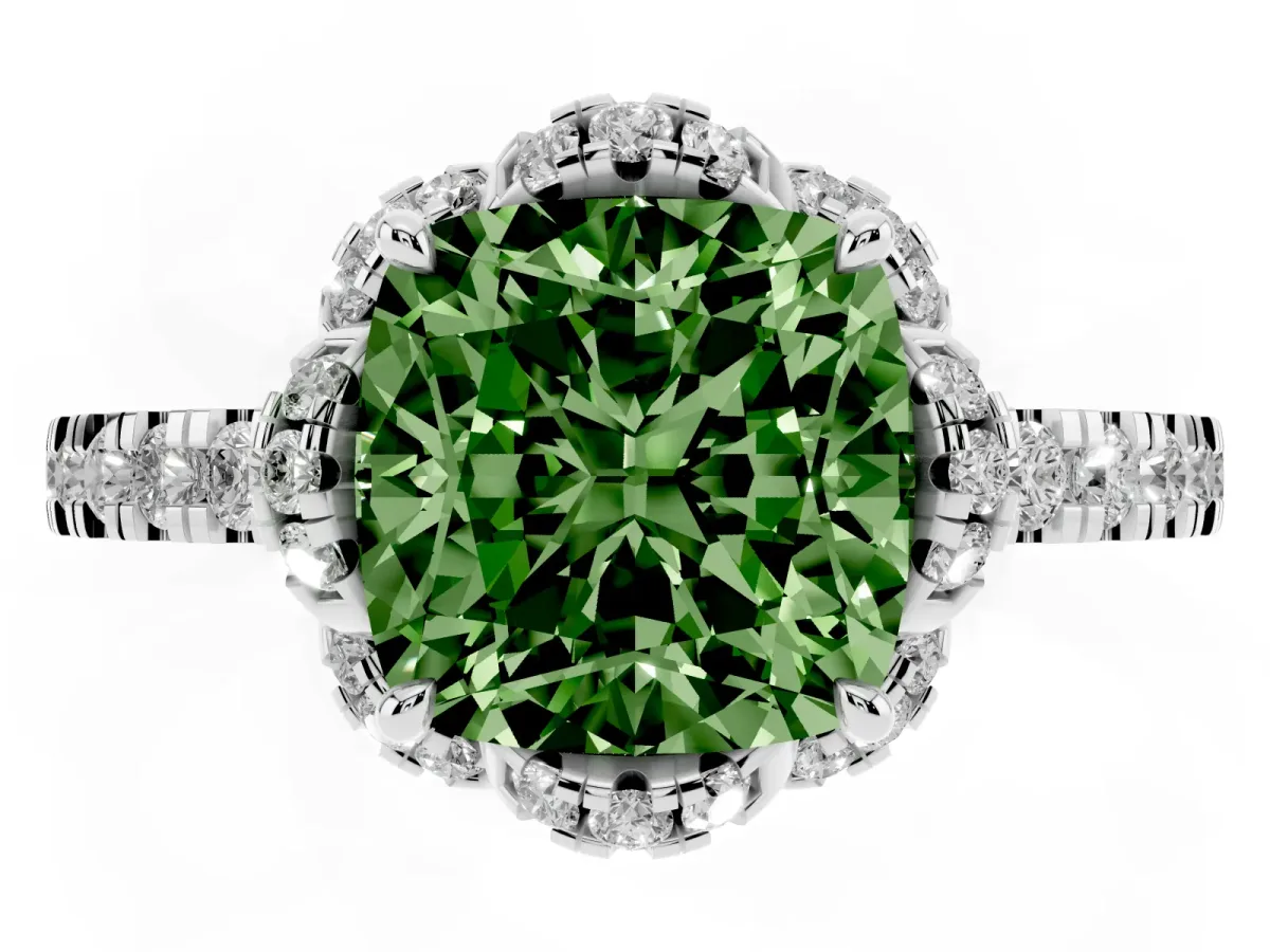 Fancy Green Cushion Cut Diamond Halo Pave Band with Four-Prong Setting Platinum