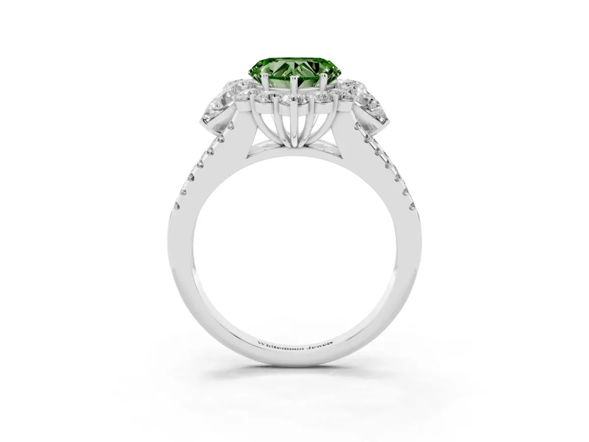 Fancy Green Heart Cut Halo Split Shank Diamond Engagement Ring with Prong Setting Silver