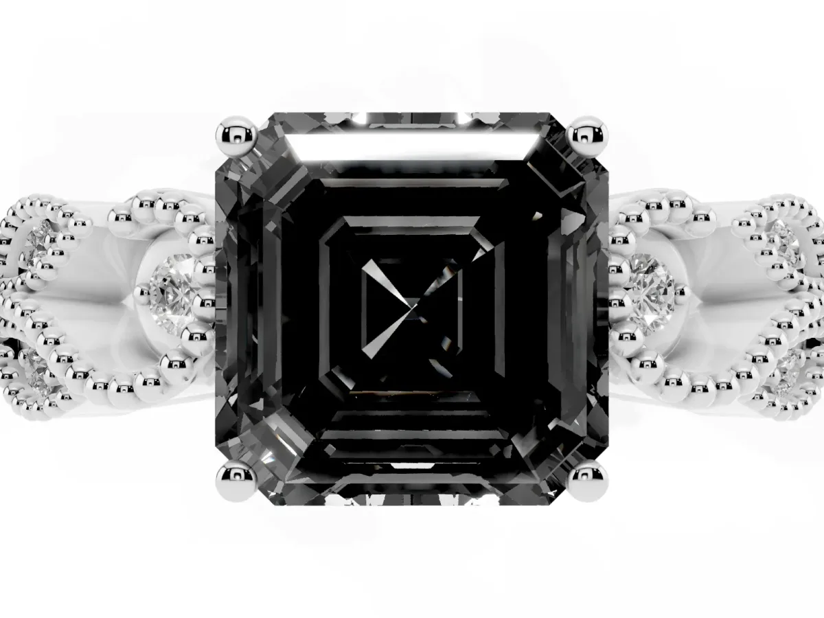 Fancy Black Asscher Cut Solitaire Milgrain Leaf Band with Prong Setting White gold