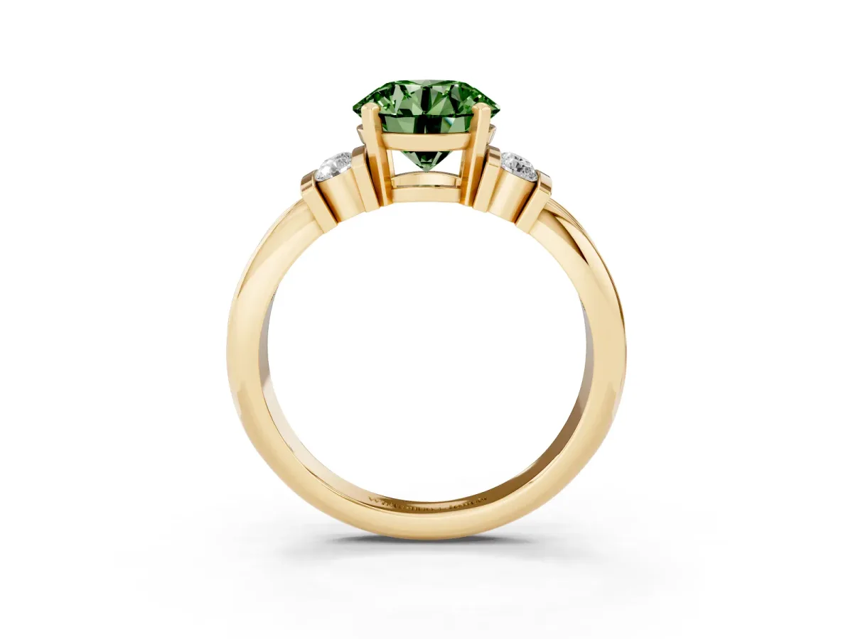 Fancy Green Round Cut Cut Three-Stone Channel Set Ring with Bar Prongs Yellow gold