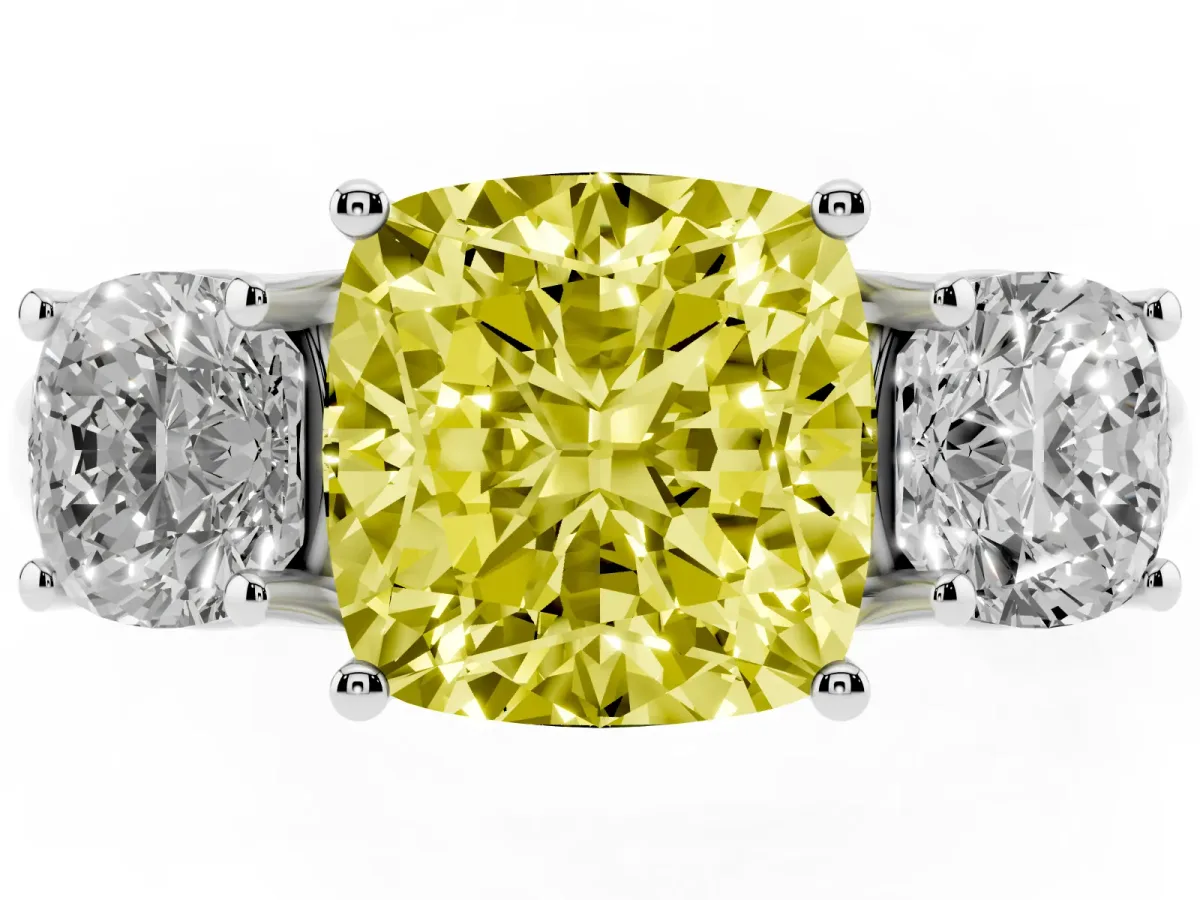 Fancy Yellow Three-Stone Cushion Cut Diamond Engagement Ring with Prong Setting Silver