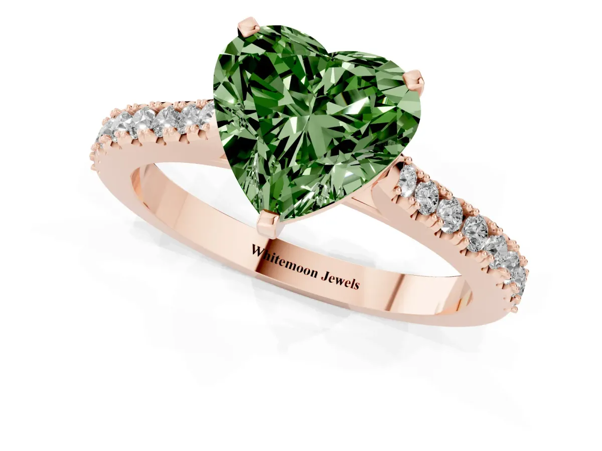 Fancy Green Heart Cut Cut Solitaire Diamond Engagement Ring with Pave Band and Four-Prong Setting Rose gold