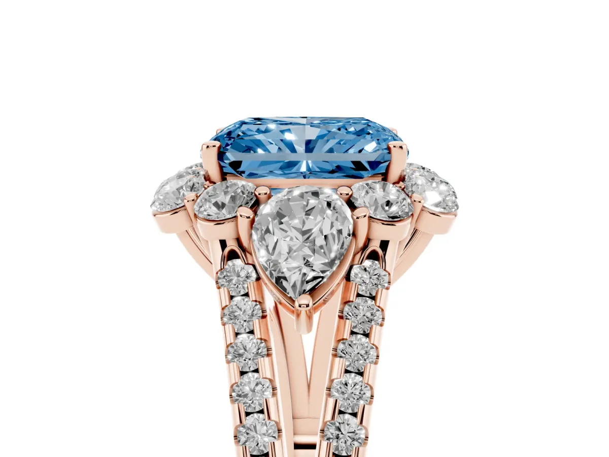 Fancy Blue Radiant Cut Halo Split Shank Diamond Engagement Ring with Prong Setting Rose gold