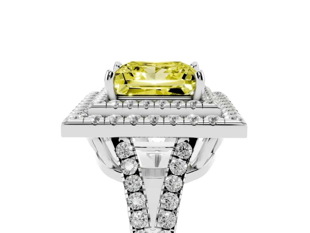Fancy Yellow Princess Cut Diamond Double Halo Ring with Pavé Band and Prong Setting White gold