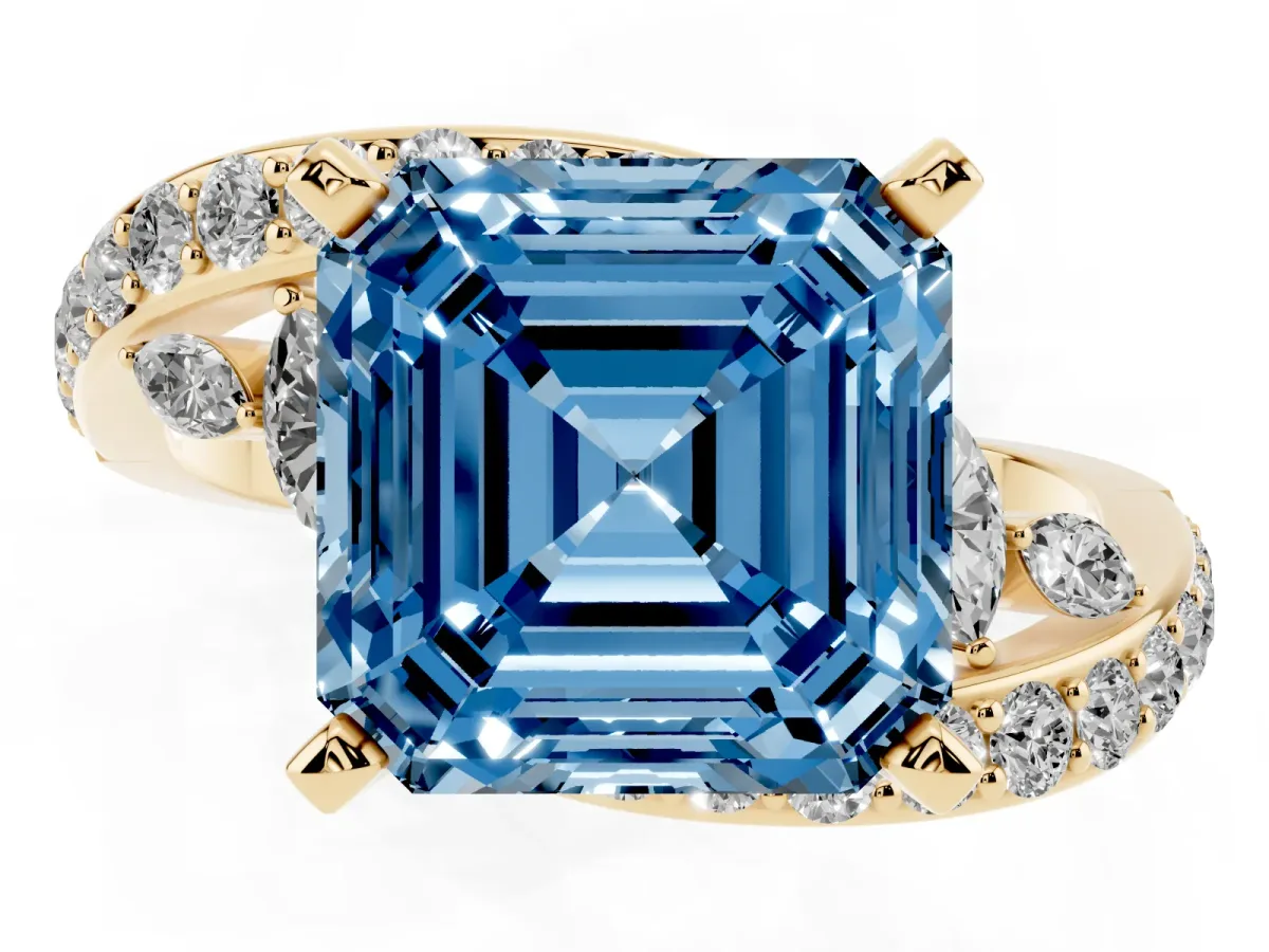 Fancy Blue Asscher Cut Solitaire with Pavé Twist Band and Four-Prong Setting Yellow gold