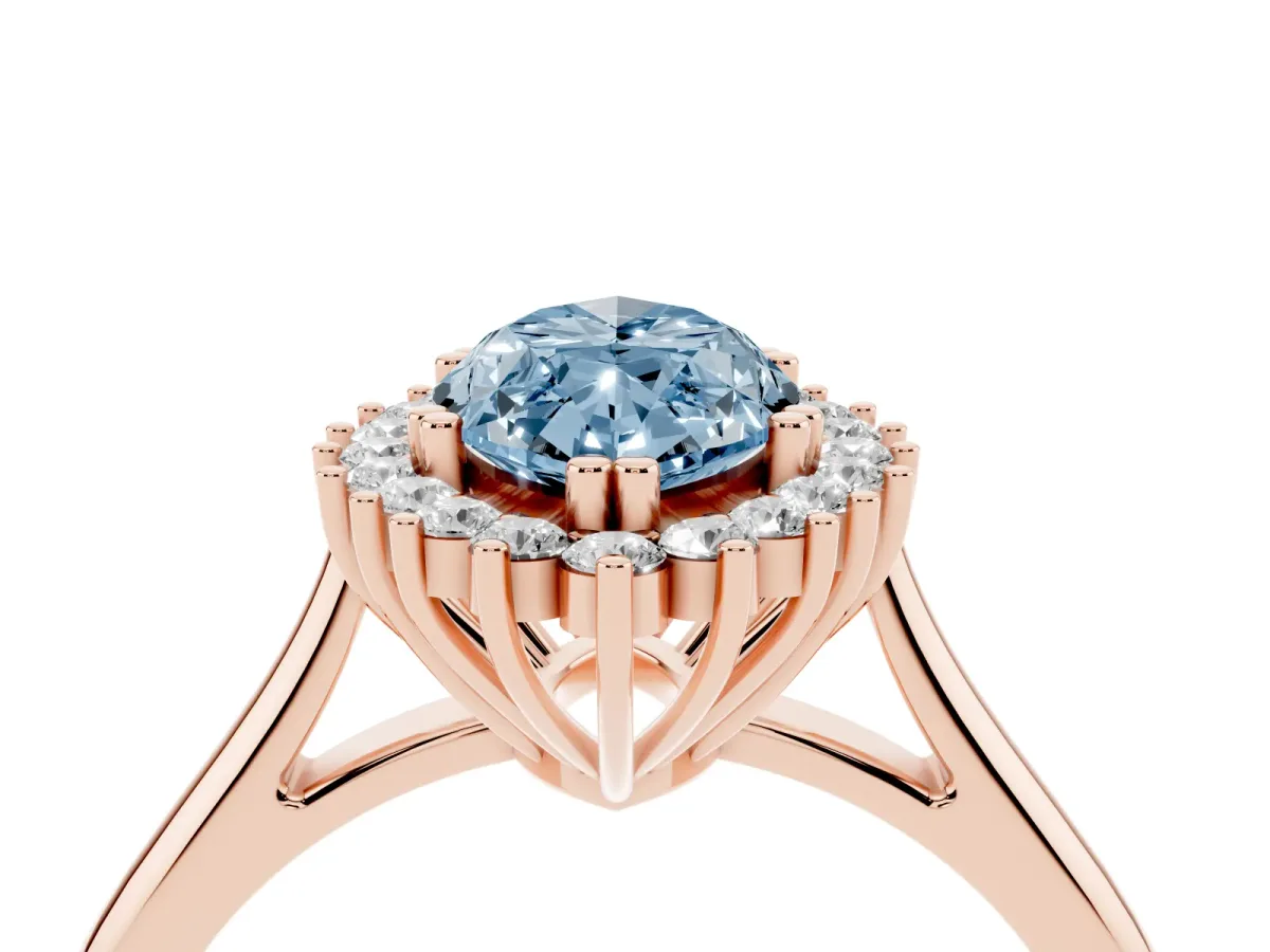 Fancy Blue Marquise Cut Cut Diamond Halo Ring with Solitaire Band and Prong Setting Rose gold