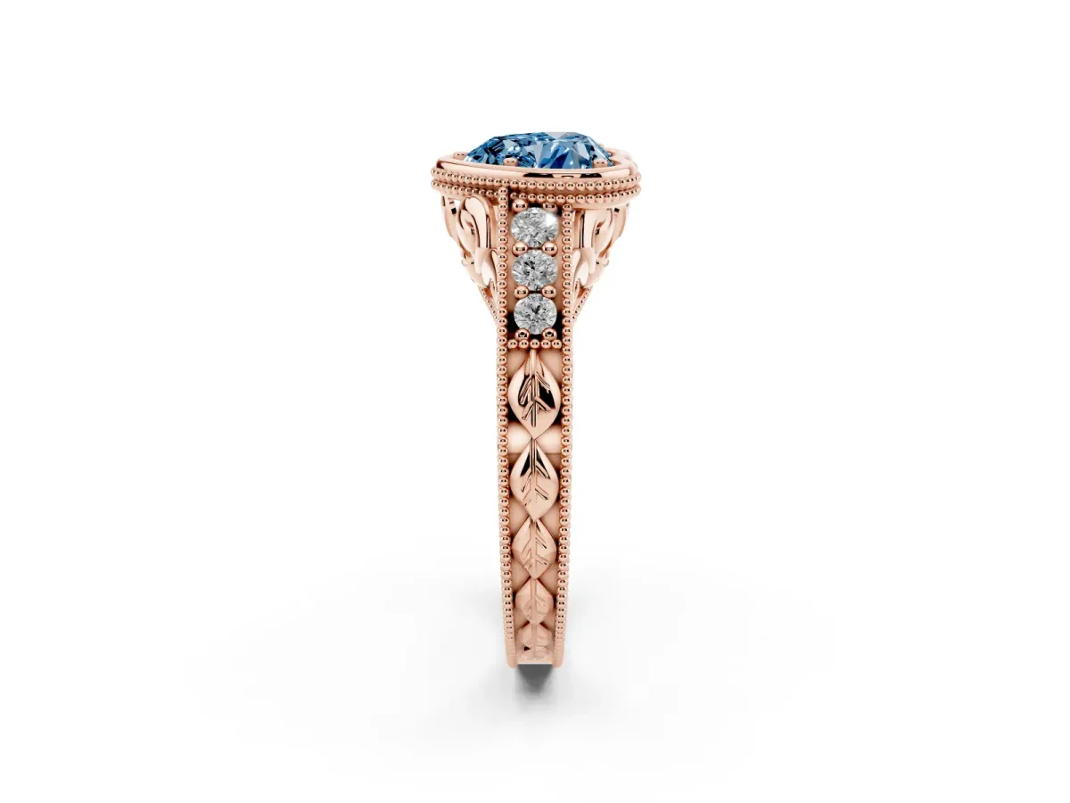 Fancy Blue Bezel Set Heart Cut Diamond Milgrain Pave Engagement Ring Rose gold