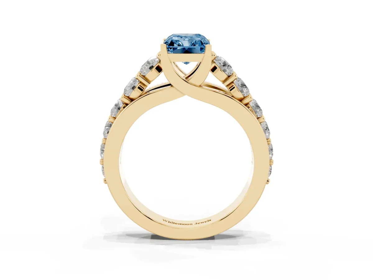 Fancy Blue Radiant Cut Diamond Engagement Ring with Pavé Band and Four-Prong Setting Yellow gold