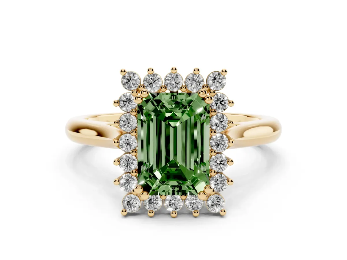 Fancy Green Emerald Cut Cut Diamond Halo Ring with Solitaire Band and Prong Setting Yellow gold