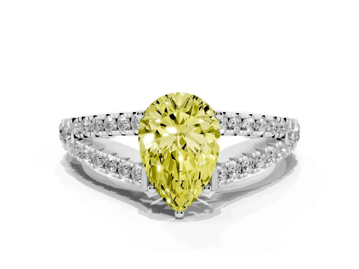 Fancy Yellow Pear Cut Diamond Split Shank Pavé Engagement Ring with Four-Prong Setting White gold