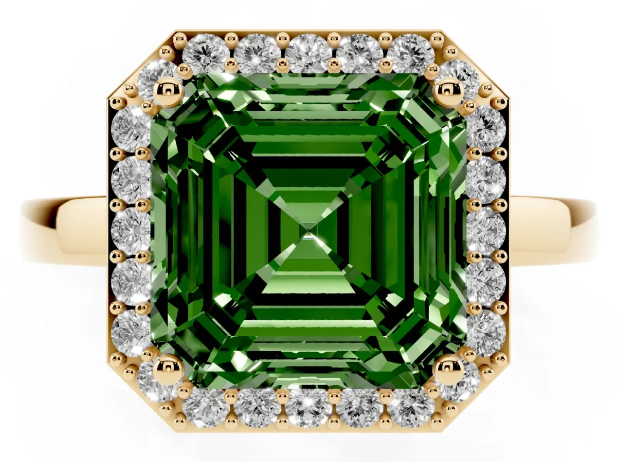 Fancy Green Asscher Cut Halo Diamond Ring with Solitaire Band and Prong Setting Yellow gold