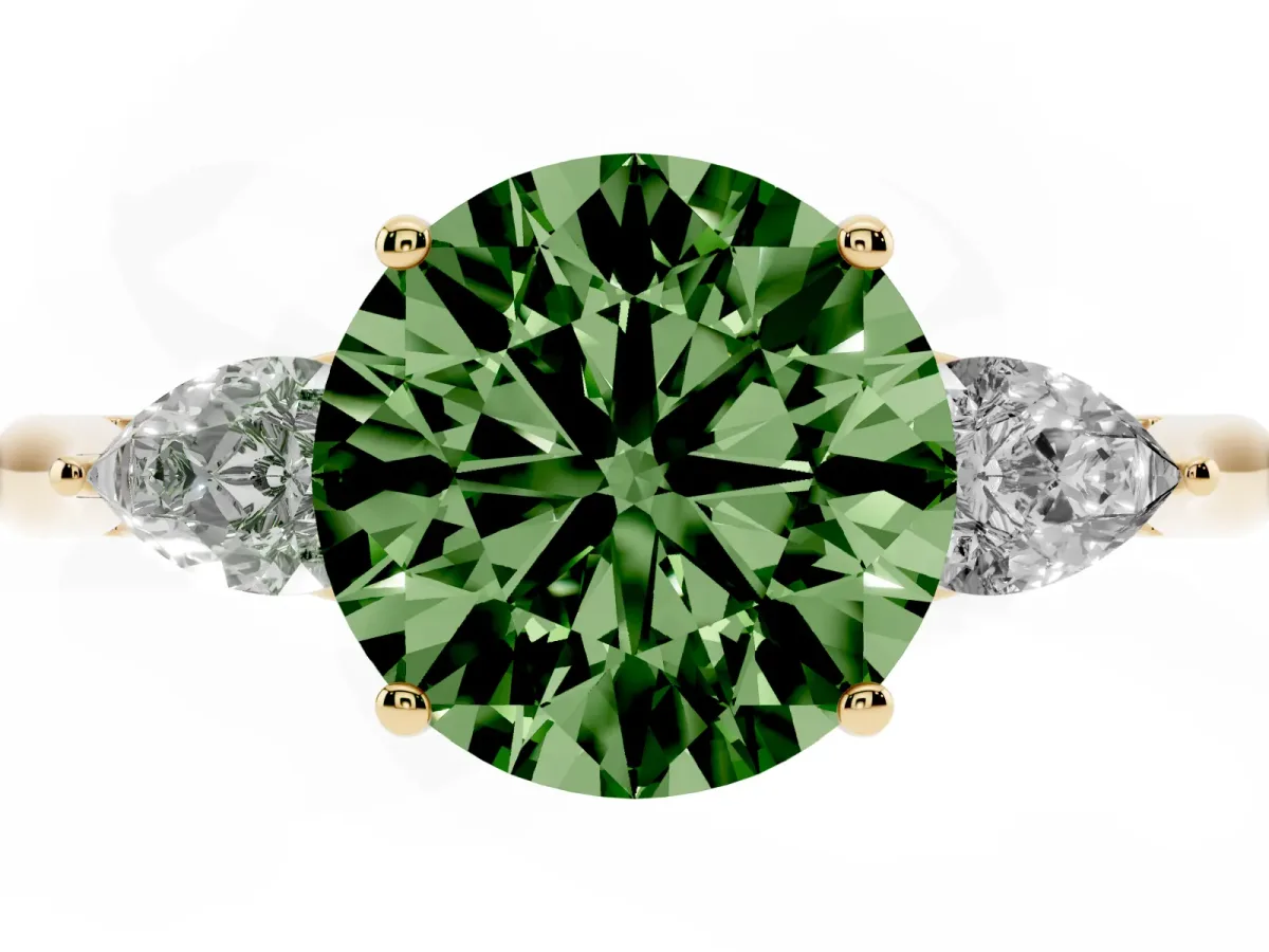 Fancy Green Round Cut Diamond Three-Stone Ring with Pear Side Stones and Prong Setting Yellow gold