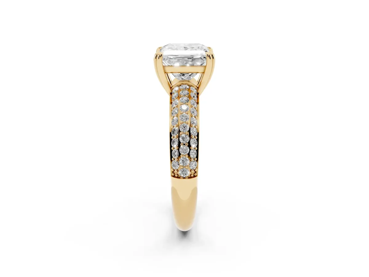 Princess Cut Diamond Solitaire Ring with Multi-Row Round Pavé Band and Prong Setting Yellow gold