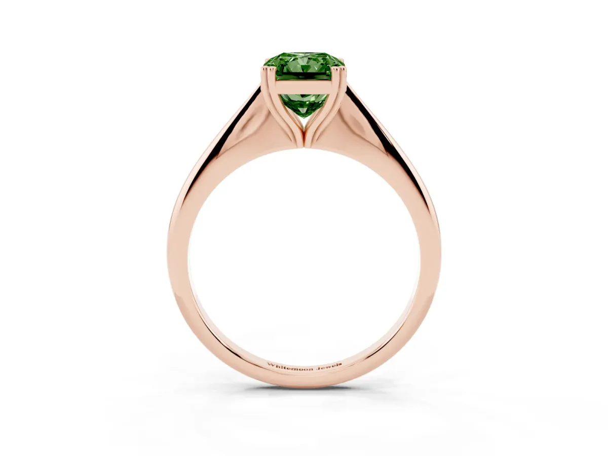 Fancy Green Radiant Cut Solitaire Diamond Ring with Six-Prong Setting and Classic Band Rose gold