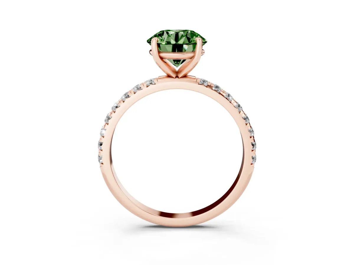 Fancy Green Round Cut Cut Diamond Solitaire Ring with Micro Pave Band and Four Prong Setting Rose gold