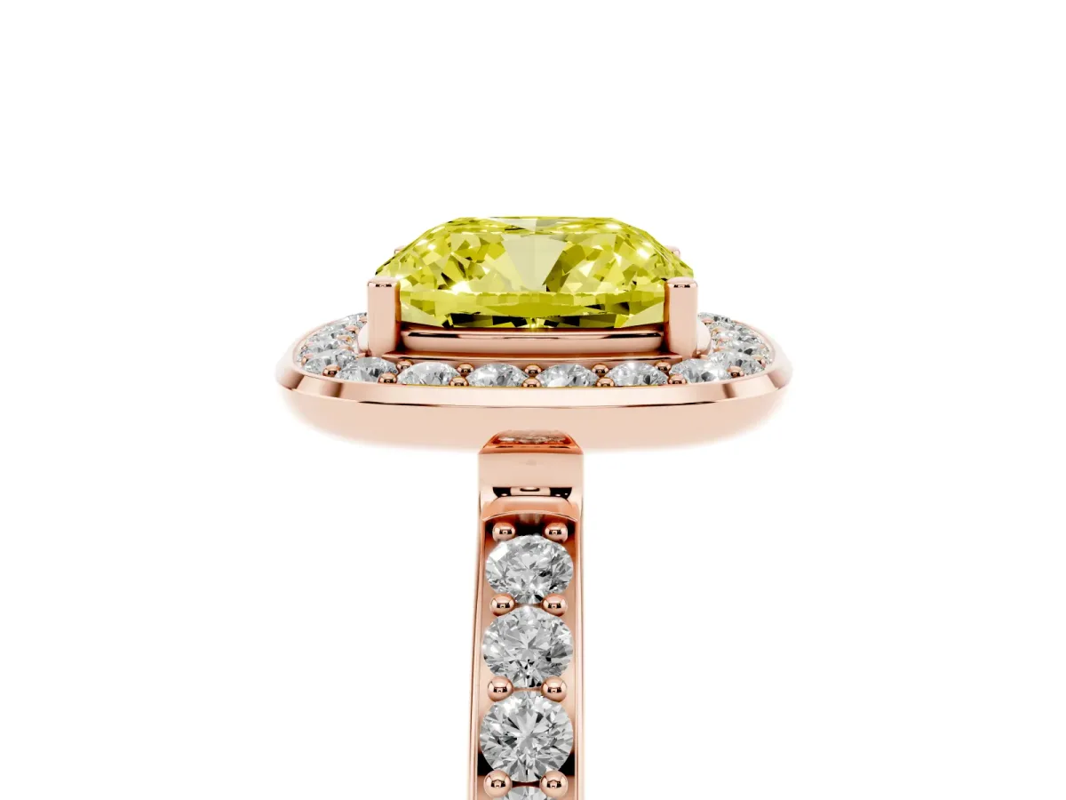 Fancy Yellow Cushion Cut Diamond Halo Ring with Bezel Frame and Pavé Band Rose gold