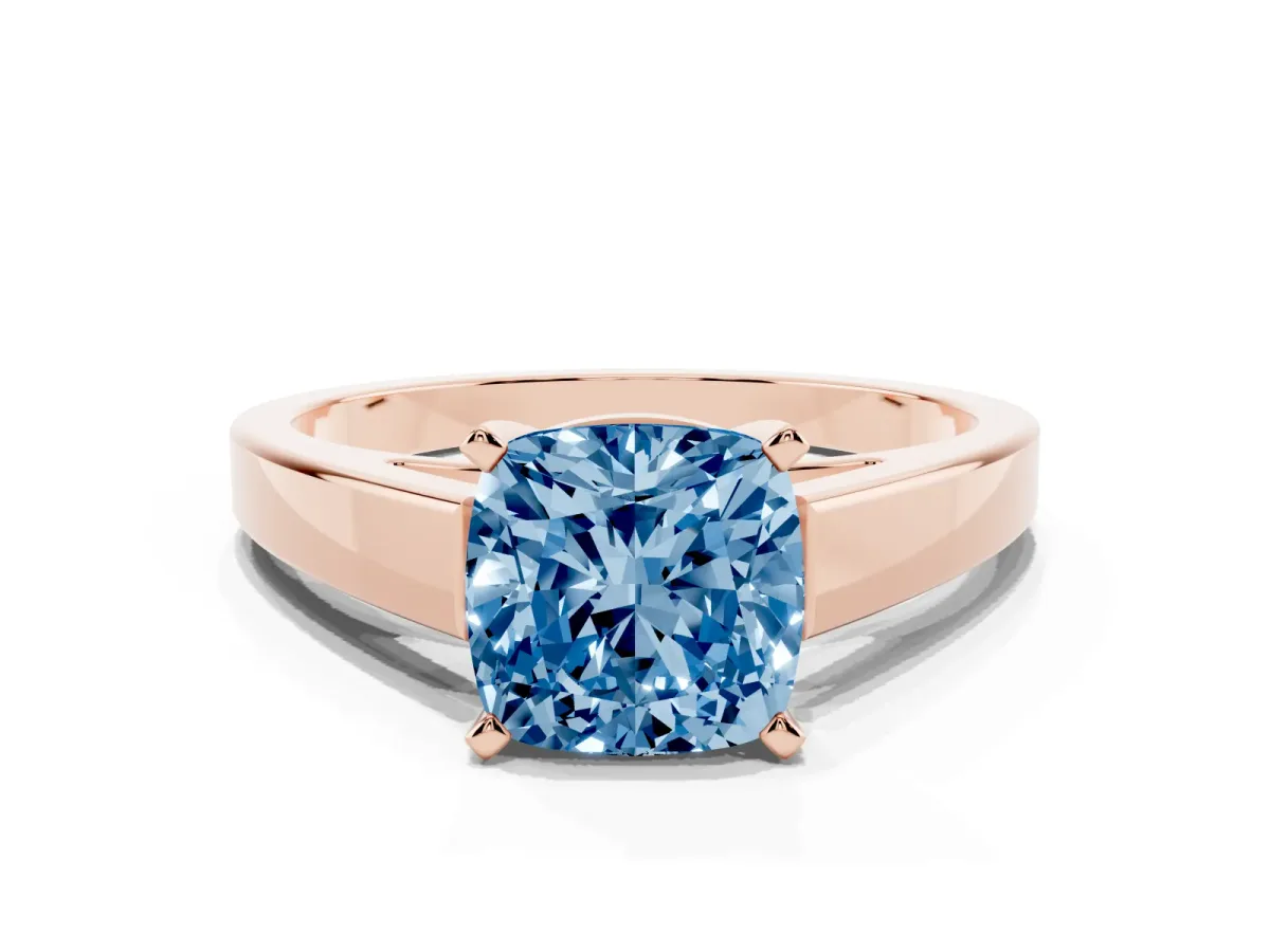 Fancy Blue Cushion Cut Solitaire Engagement Ring with Four-Prong Setting and Tapered Band Rose gold