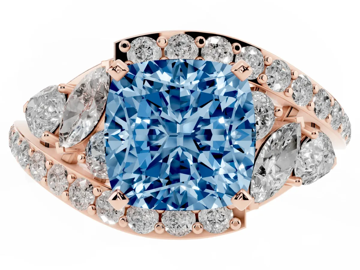 Fancy Blue Cushion Cut Diamond Halo Ring with Marquise and Pavé Band in Prong Setting Rose gold