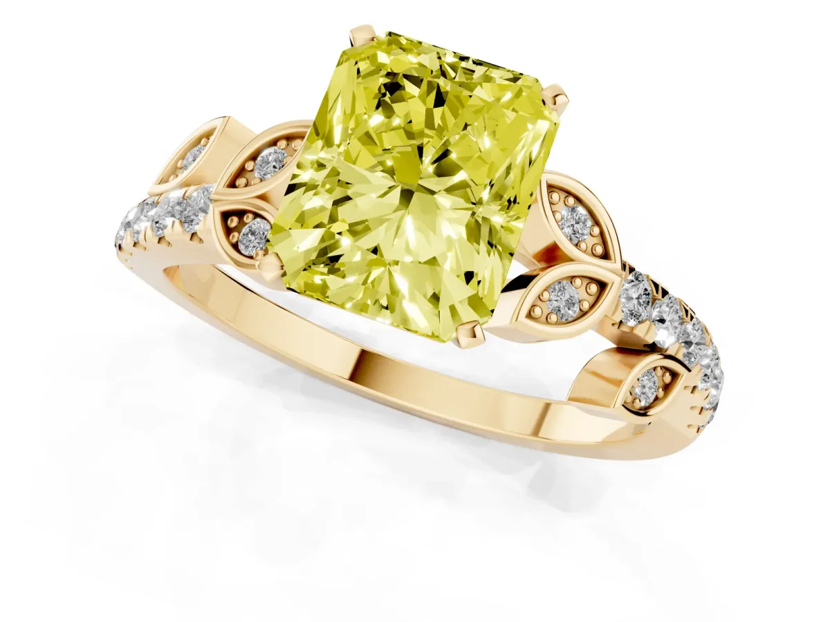 Fancy Yellow Radiant Cut Solitaire Leaf-Inspired Diamond Ring with Pavé Band and Four-Prong Setting Yellow gold