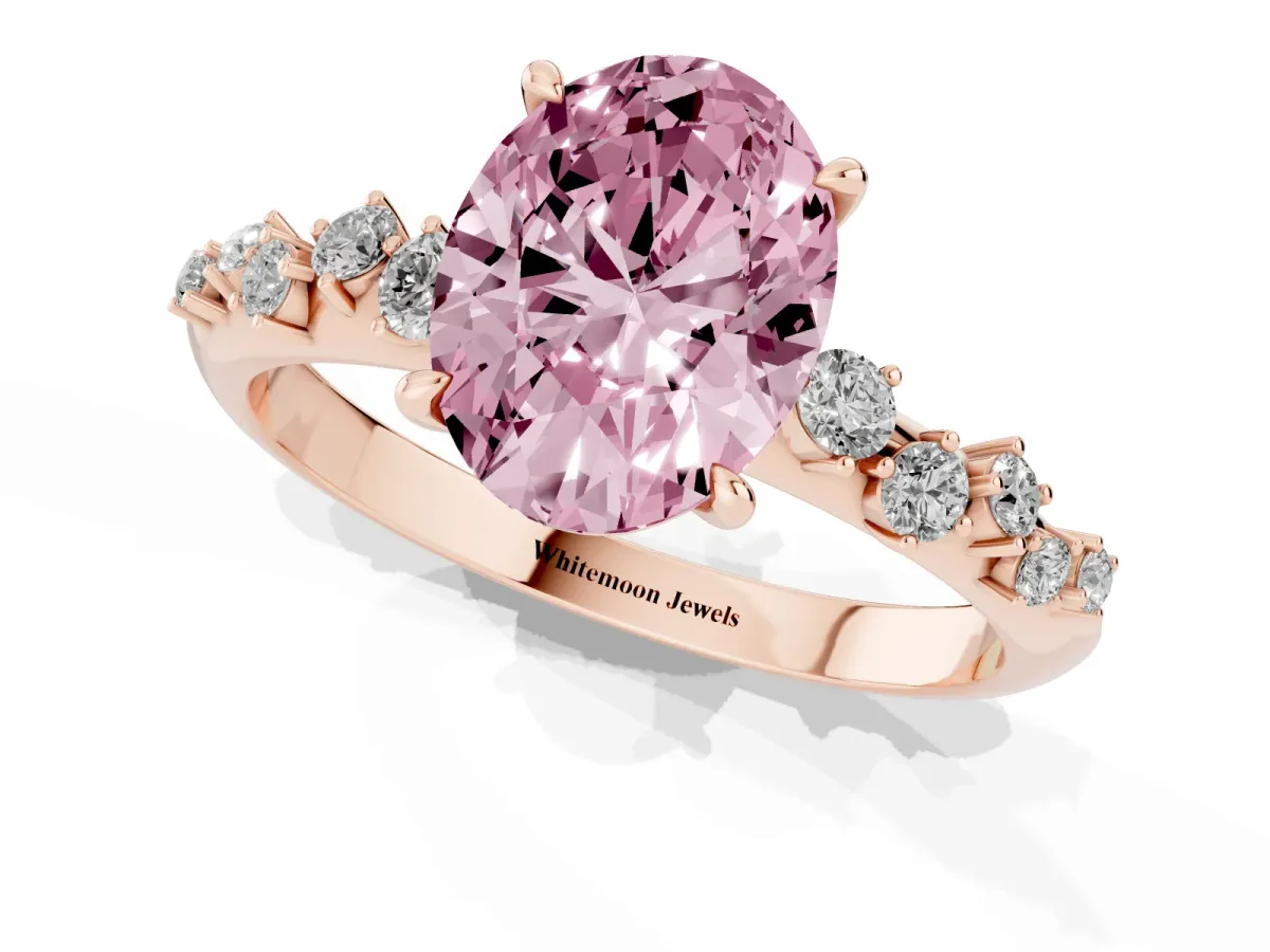 Fancy Pink Oval Cut Diamond Cluster Side Stone Solitaire Ring with Prong Setting Rose gold