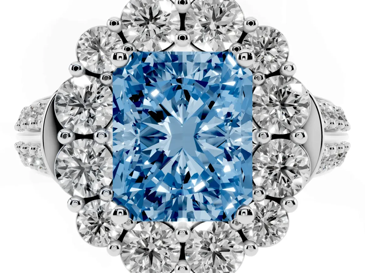 Fancy Blue Radiant Cut Halo Diamond Engagement Ring with Split Shank and Prong Setting Silver