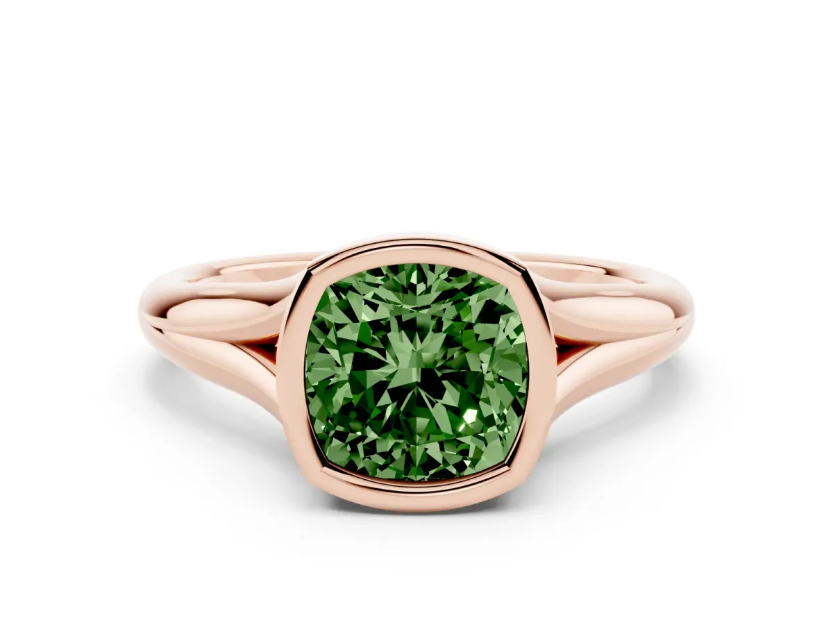 Fancy Green Bezel Set Cushion Cut Solitaire Diamond Ring with Smooth Band Rose gold