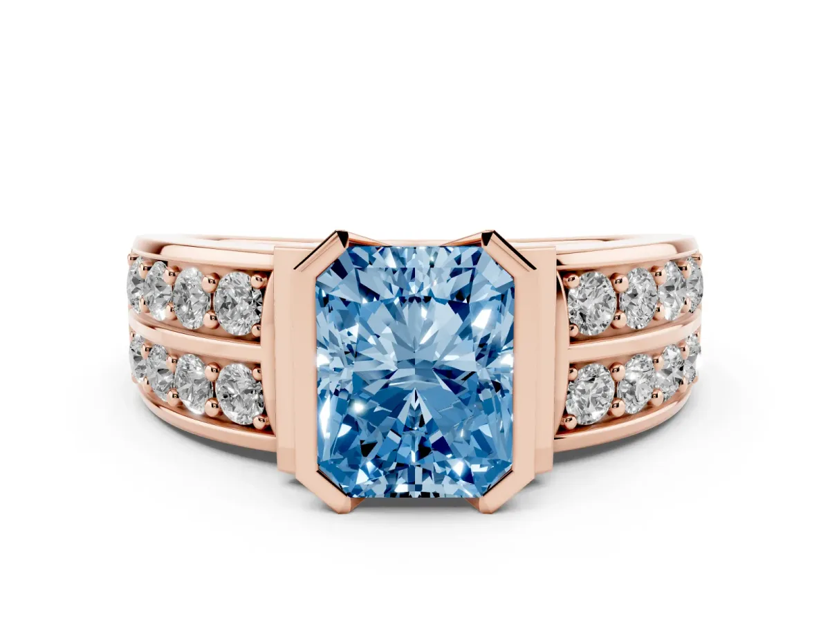 Fancy Blue Radiant Cut Brilliant Diamond Channel Set Wide Band Ring with Bezel Setting Rose gold