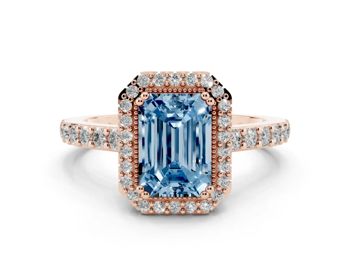 Fancy Blue Emerald Cut Cut Diamond Halo Engagement Ring with Milgrain Detail and Pavé Band Rose gold