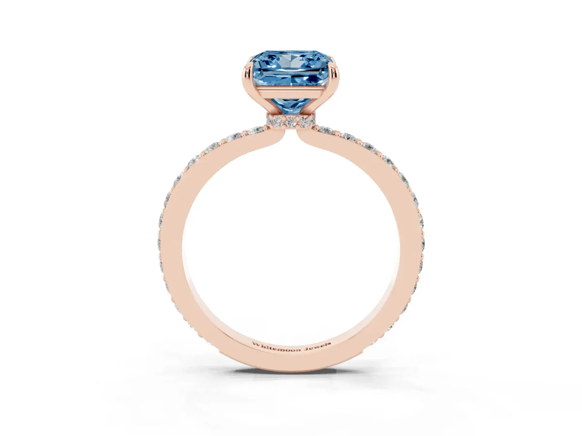Fancy Blue Princess Cut Diamond Pavé Engagement Ring with Round Accents and Prong Setting Rose gold