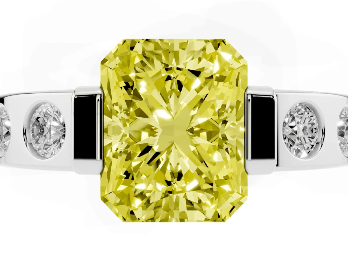 Fancy Yellow Radiant Cut Brilliant Channel-Set Diamond Ring with Bezel Prong Setting Silver
