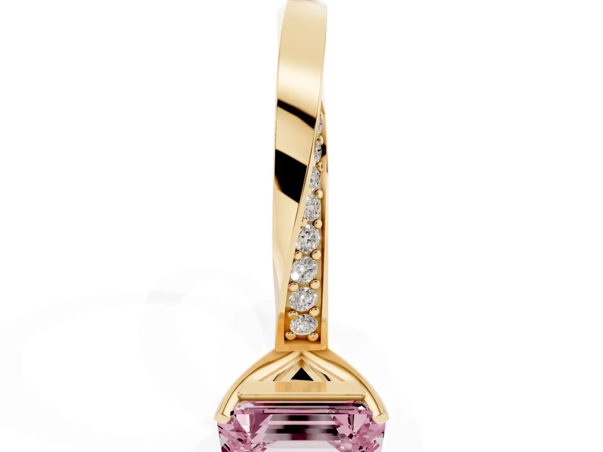 Fancy Pink Emerald Cut Diamond Engagement Ring with Side Stone Accents and Four-Prong Setting Yellow gold