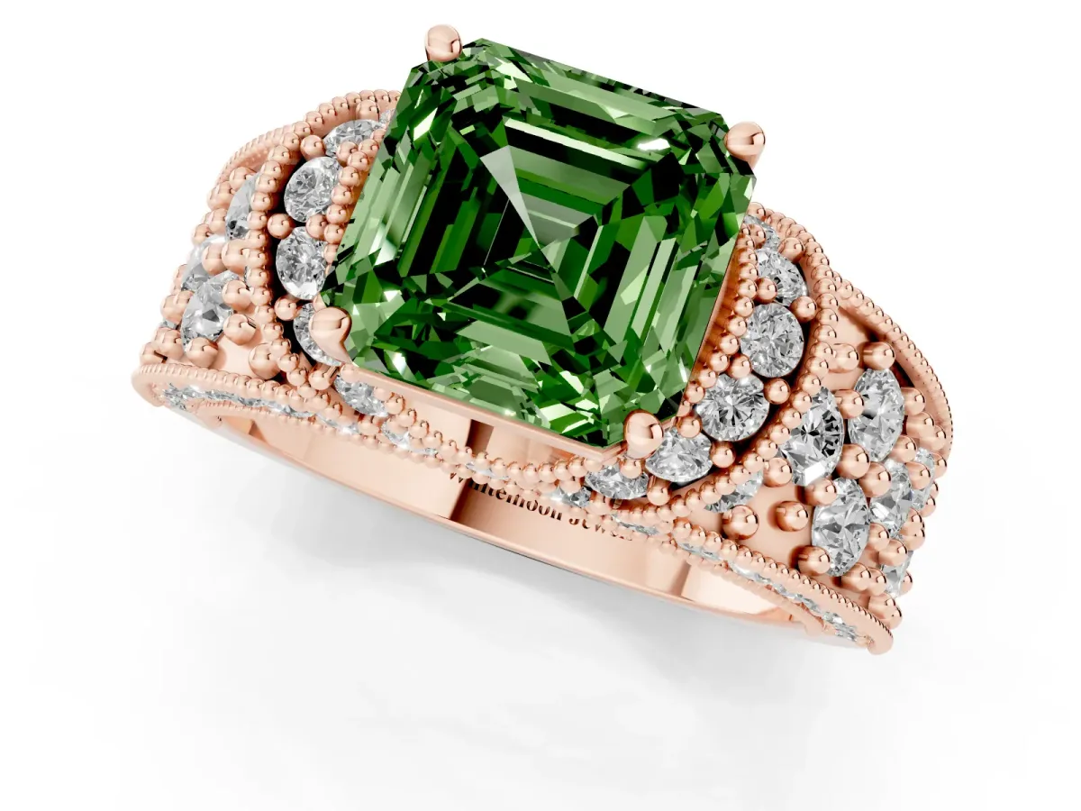 Fancy Green Asscher Cut Halo Pave Diamond Engagement Ring with Milgrain Detailing Rose gold