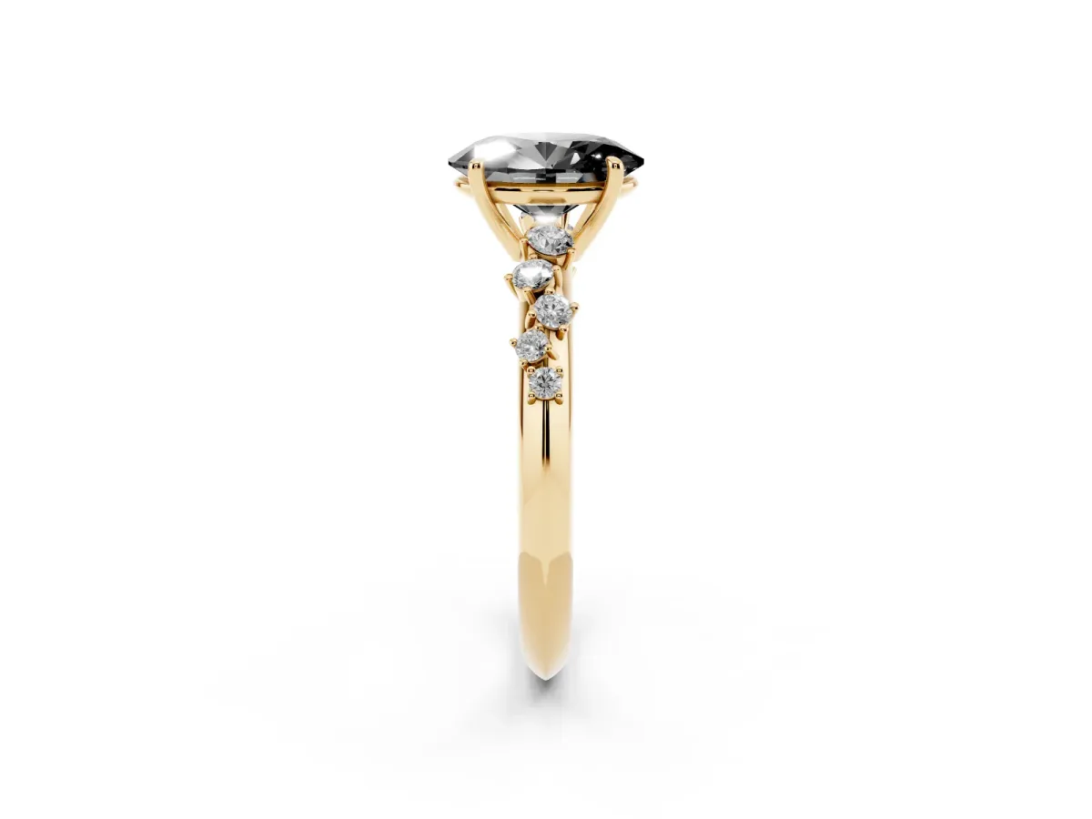 Fancy Black Oval Cut Diamond Cluster Side Stone Solitaire Ring with Prong Setting Yellow gold