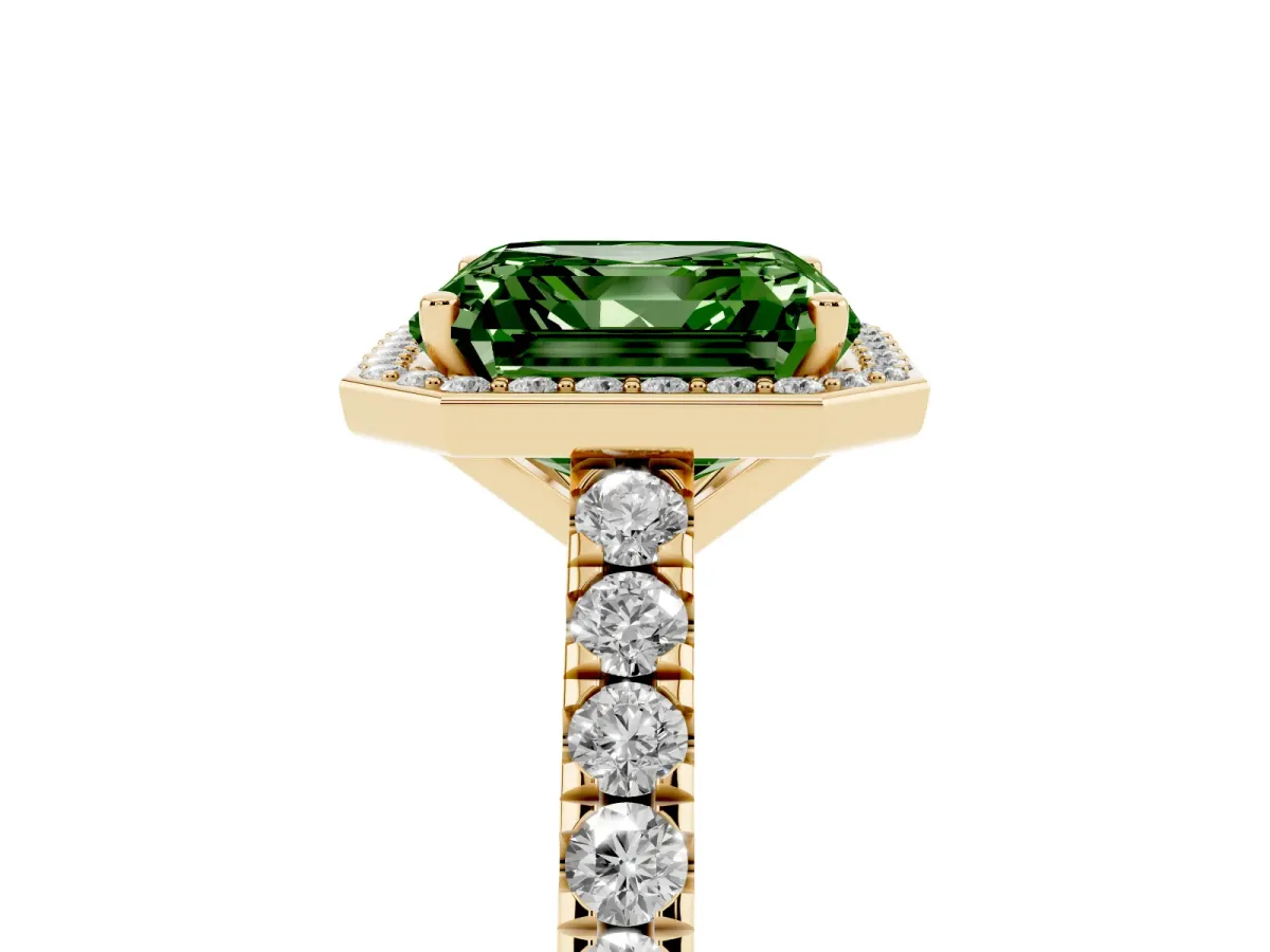 Fancy Green Asscher Cut Cut Halo Diamond Engagement Ring with Pave Band and Four-Prong Setting Yellow gold